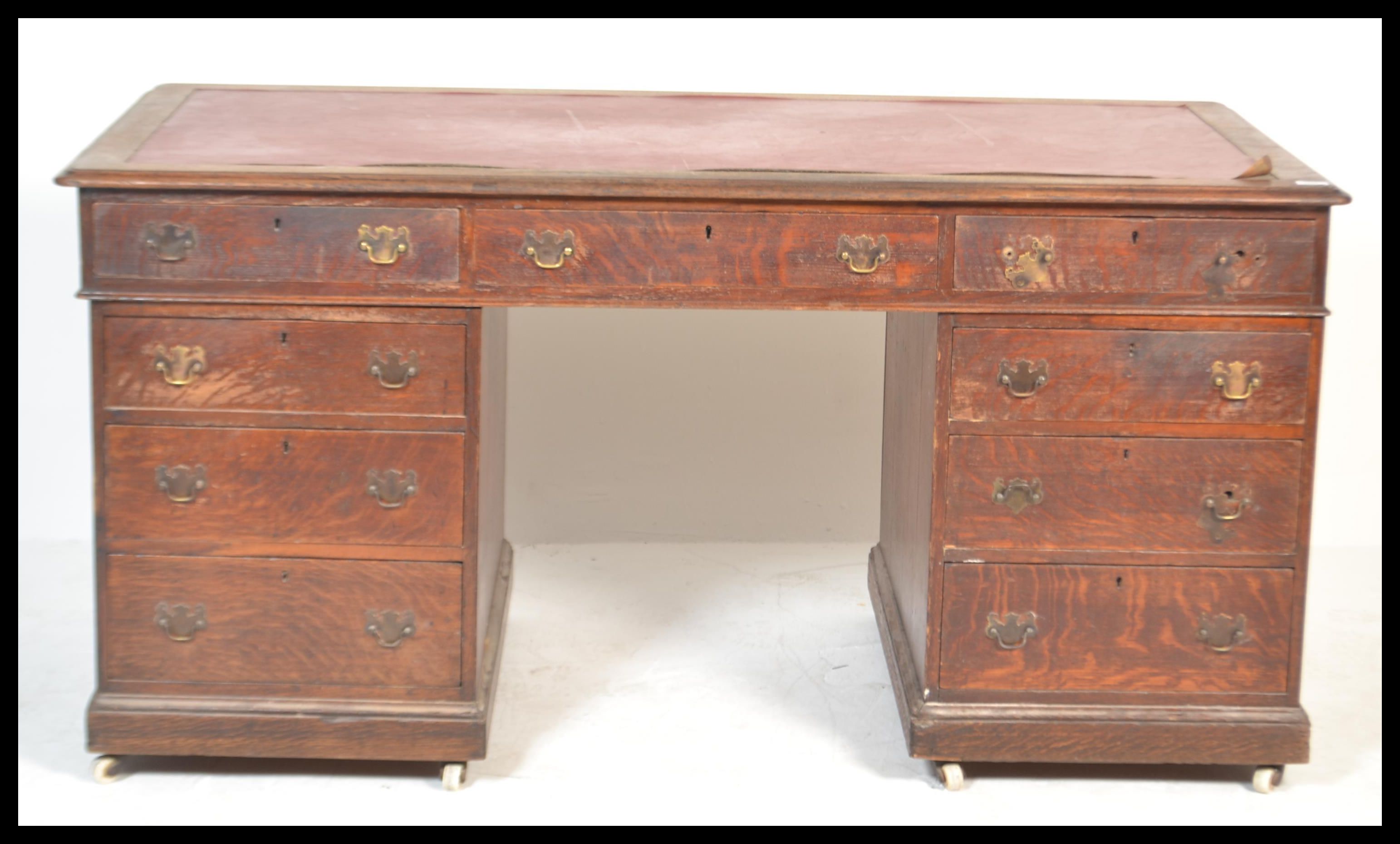 A 19th Century Victorian large oak twin pedestal desk having two banks of drawers having brass - Image 2 of 5