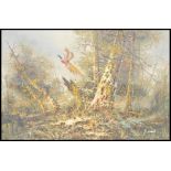 A large oil on canvas painting of a woodland scene having a pheasant in flight to the centre of