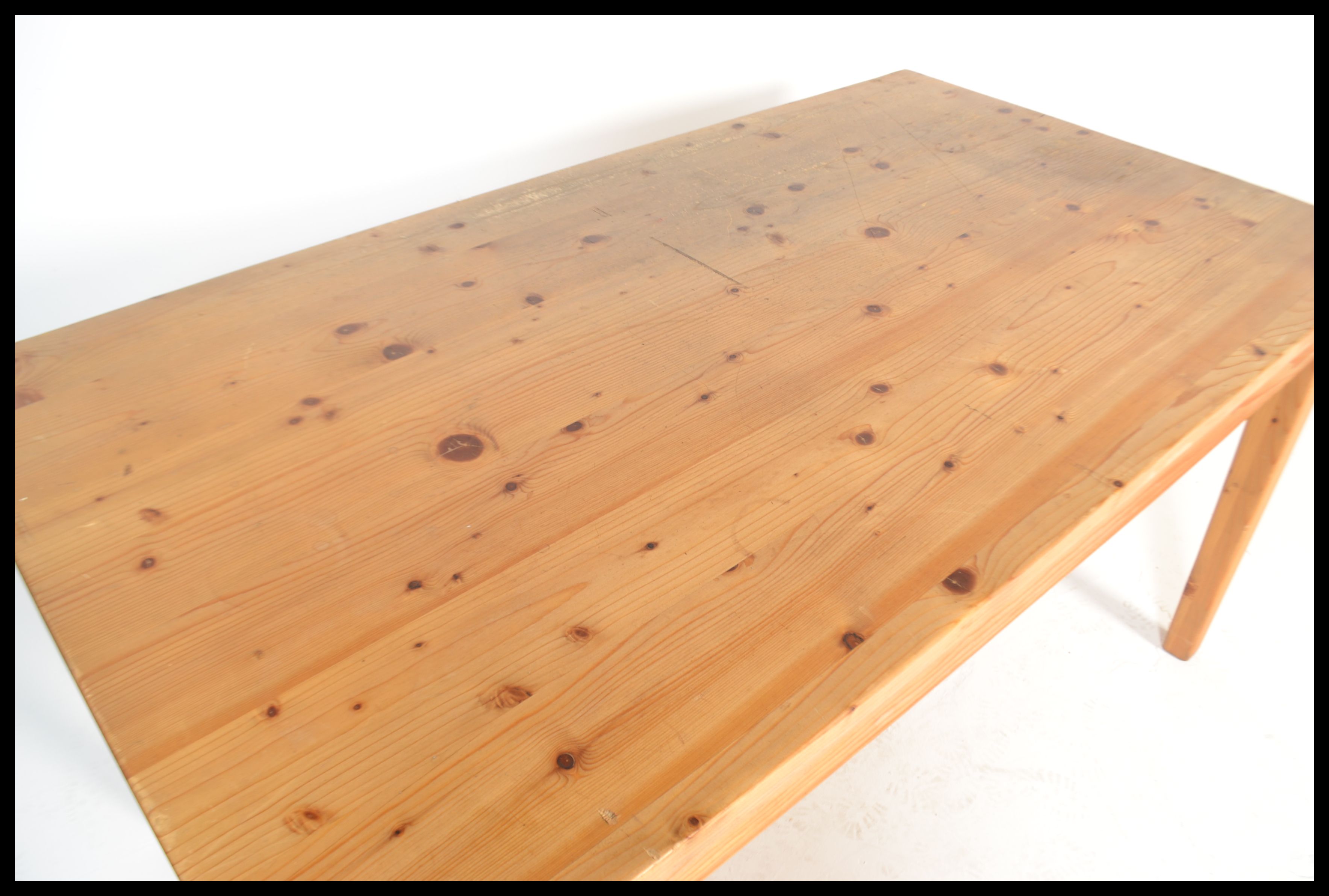 A 20th century antique style pine farmhouse dining table of rectangular form with thick plank top, - Image 4 of 4