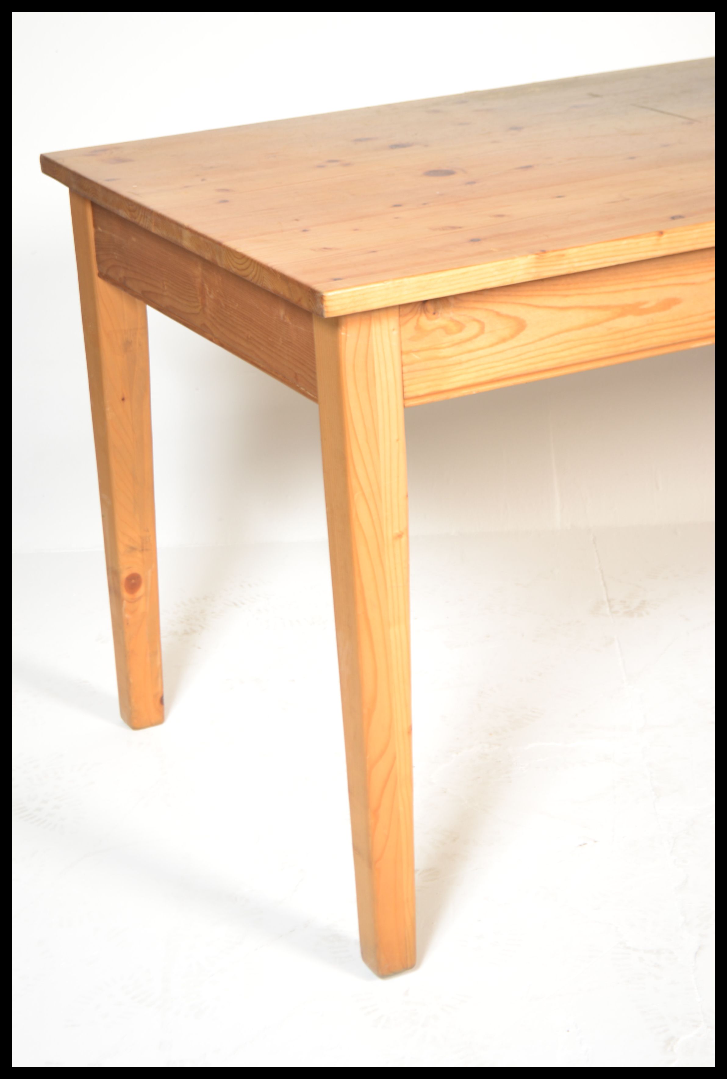 A 20th century antique style pine farmhouse dining table of rectangular form with thick plank top, - Image 3 of 4