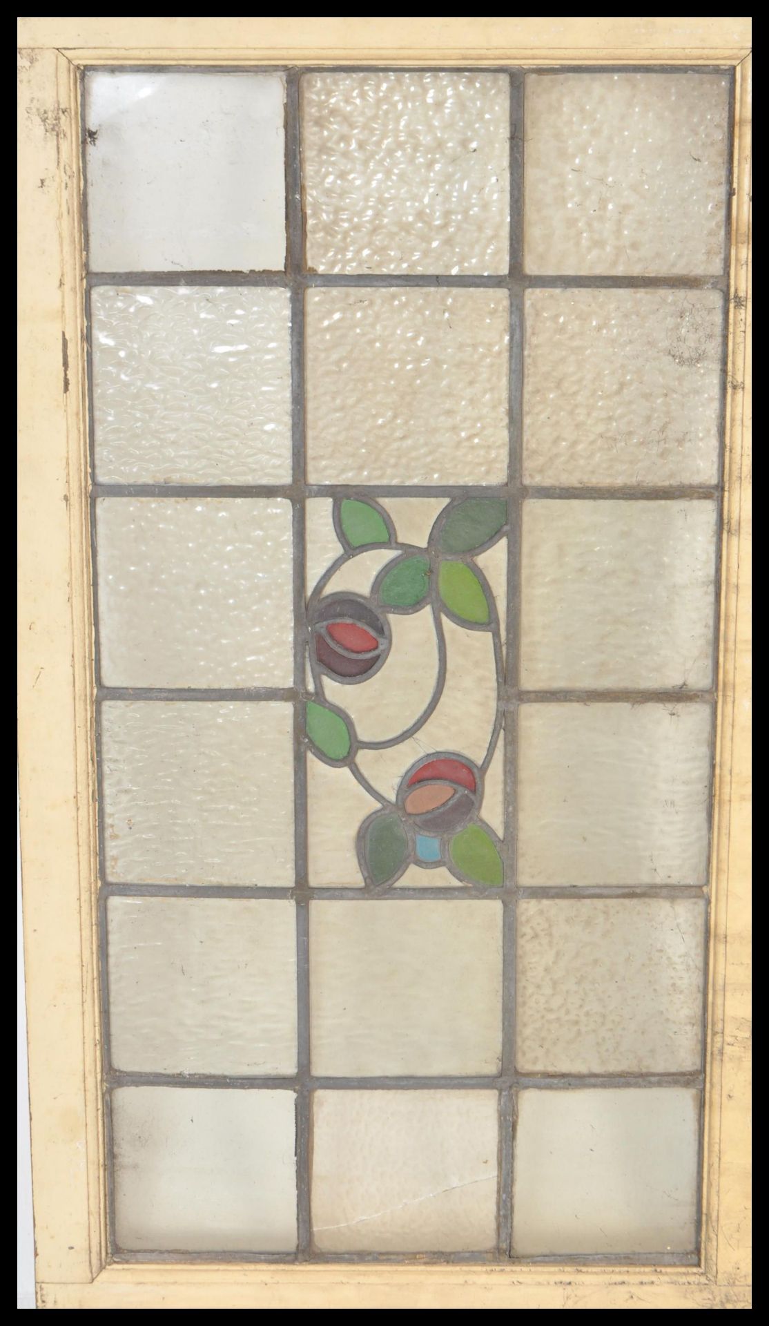 A set of early 20th century painted pine leaded and stained glass windows. Painted wooden - Bild 2 aus 7