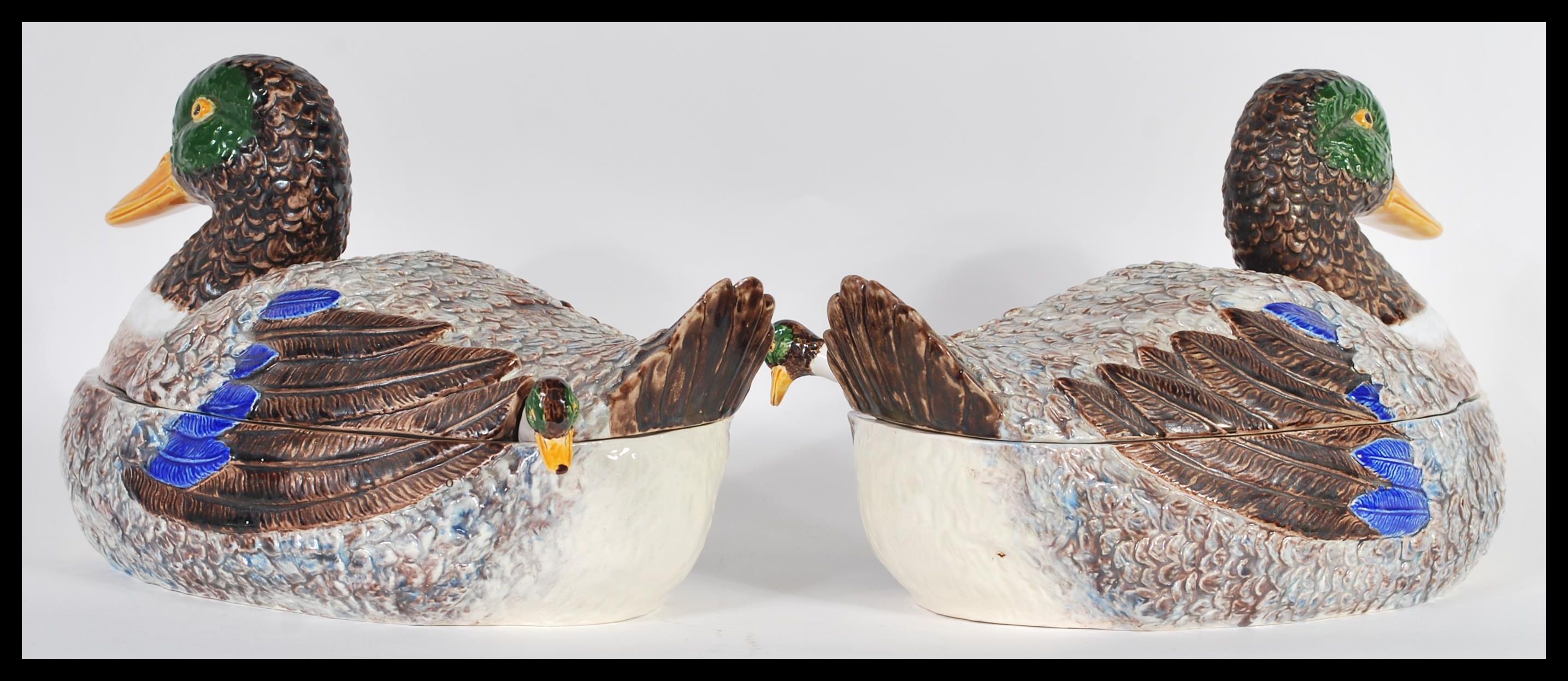 PAIR OF 20TH CENTURY LARGE BORDALLO PINHEIRO MAJOLICA DUCK TUREENS - Image 3 of 5