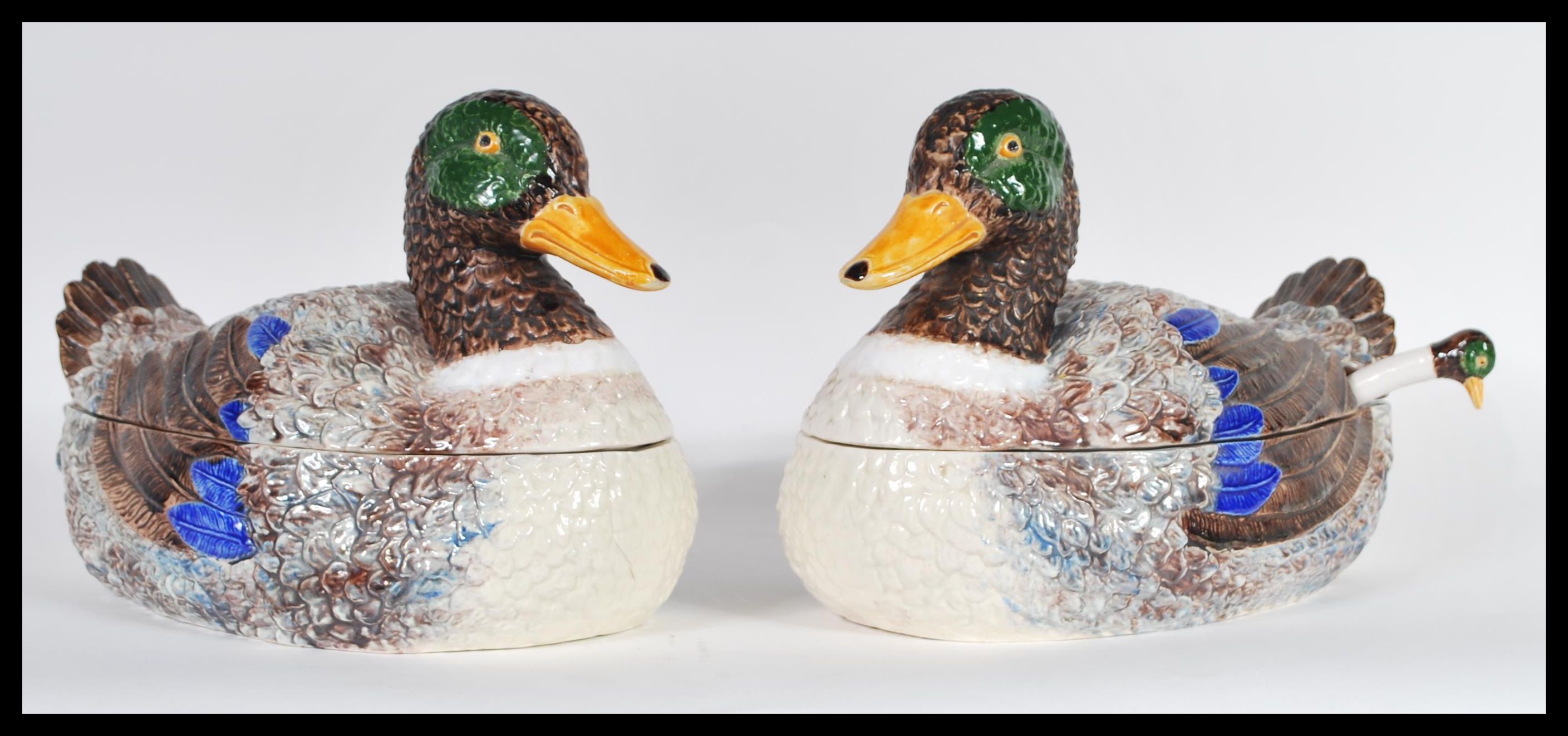 PAIR OF 20TH CENTURY LARGE BORDALLO PINHEIRO MAJOLICA DUCK TUREENS