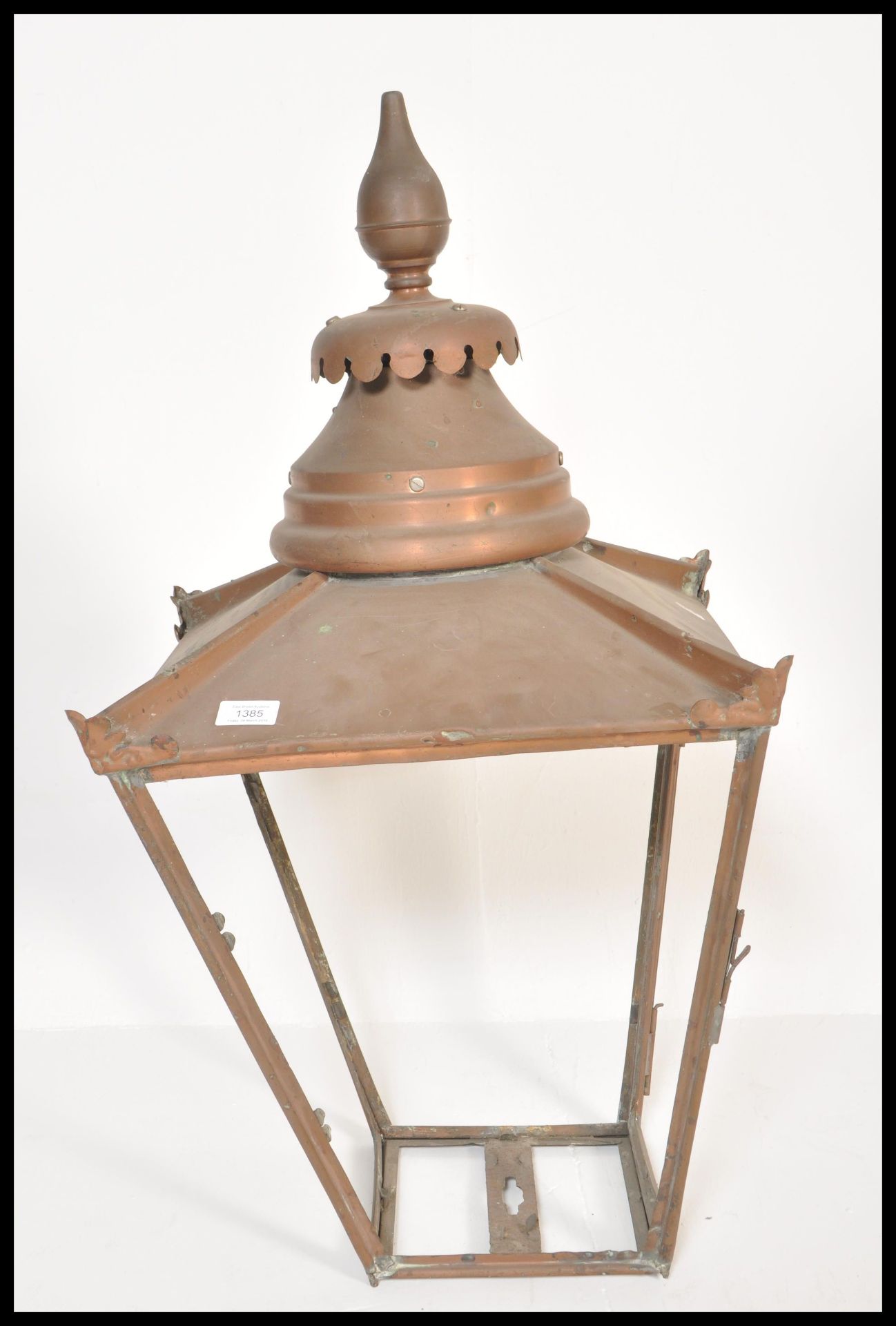 A 19th Century Victorian copper large street lamp post lantern having finial chimney top with a