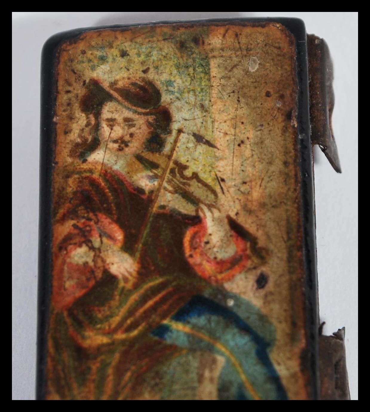 An 18th /19th Century lacquered hand painted top of a snuff box, the lid painted with a musician - Image 2 of 5