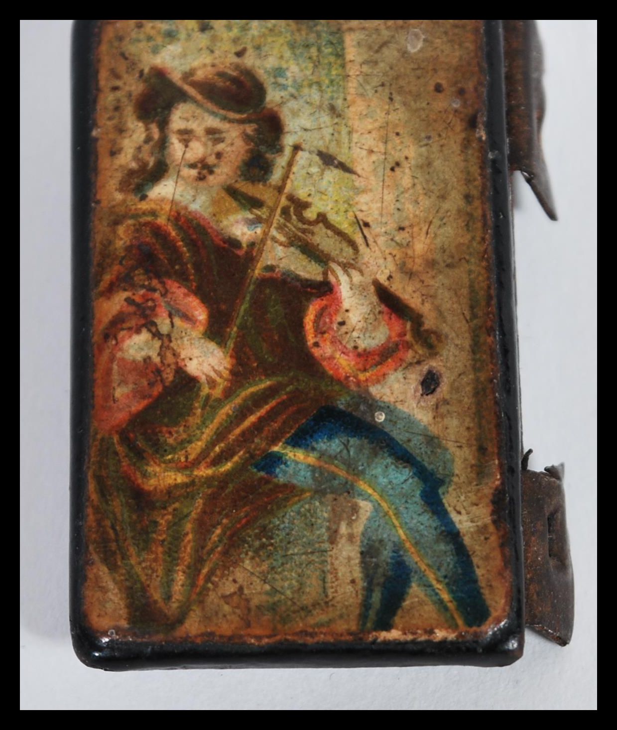 An 18th /19th Century lacquered hand painted top of a snuff box, the lid painted with a musician - Image 3 of 5