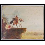 A 20th Century aged print on canvas depicting two native american figures on horse back having