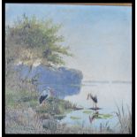 A 19th Century oil on canvas painting depicting storks and foliage set to an ornate gilt scrolled