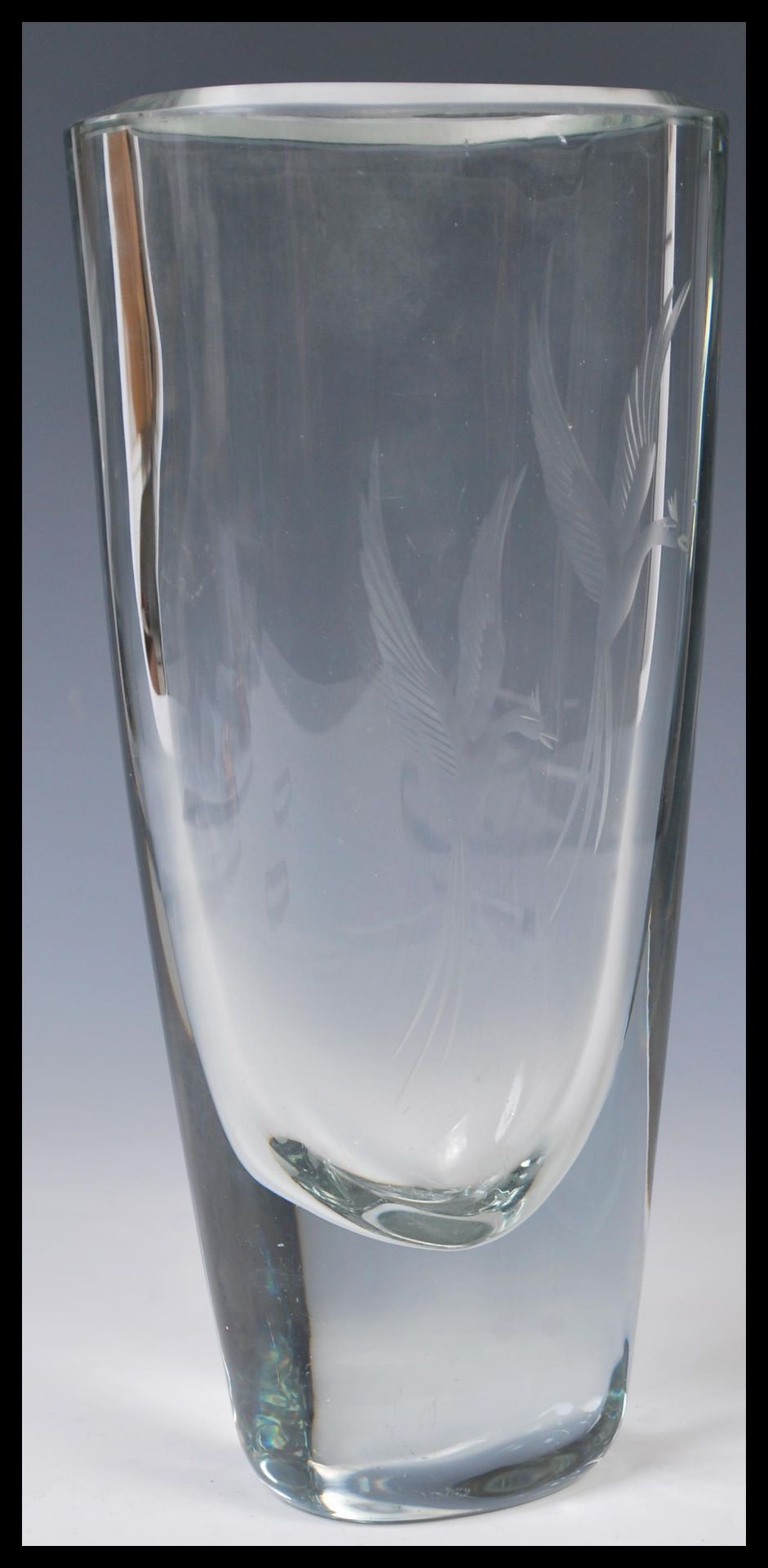 Orrefors - A mid 20th Century studio art clear glass cased vase having etched decoration of birds of