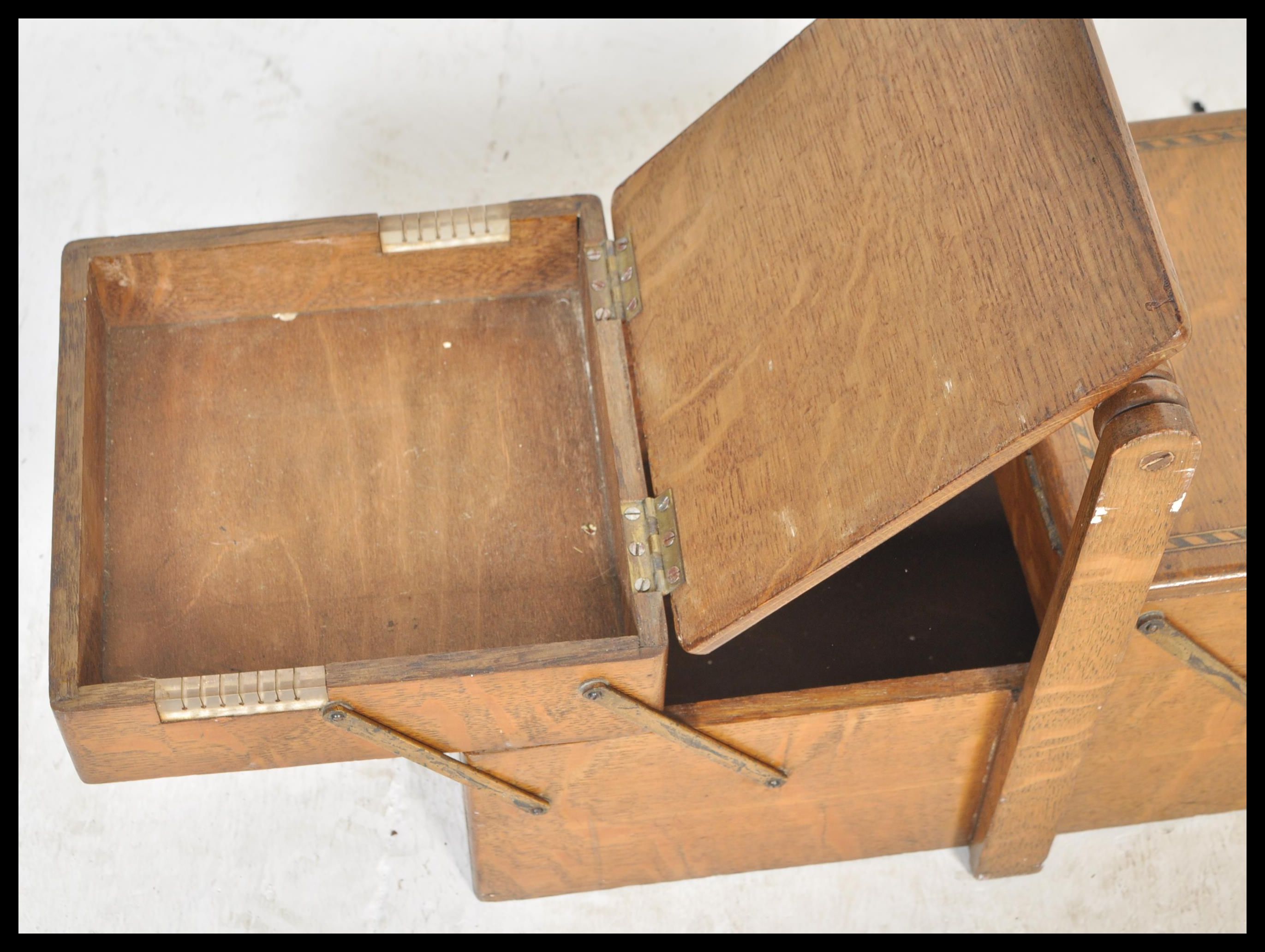A 20th Century retro concertina sewing work box with metamorphic scissor action, inlaid detailing to - Image 3 of 3