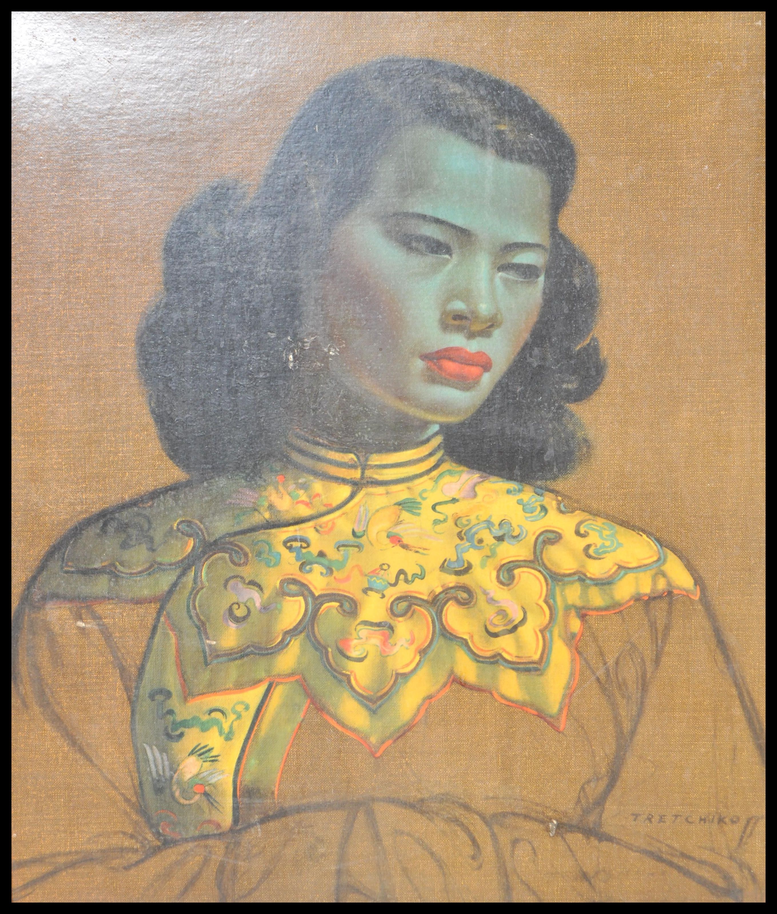 A vintage retro mid 20th century Vladimir Tretchikoff print on board of The Green Lady, also known