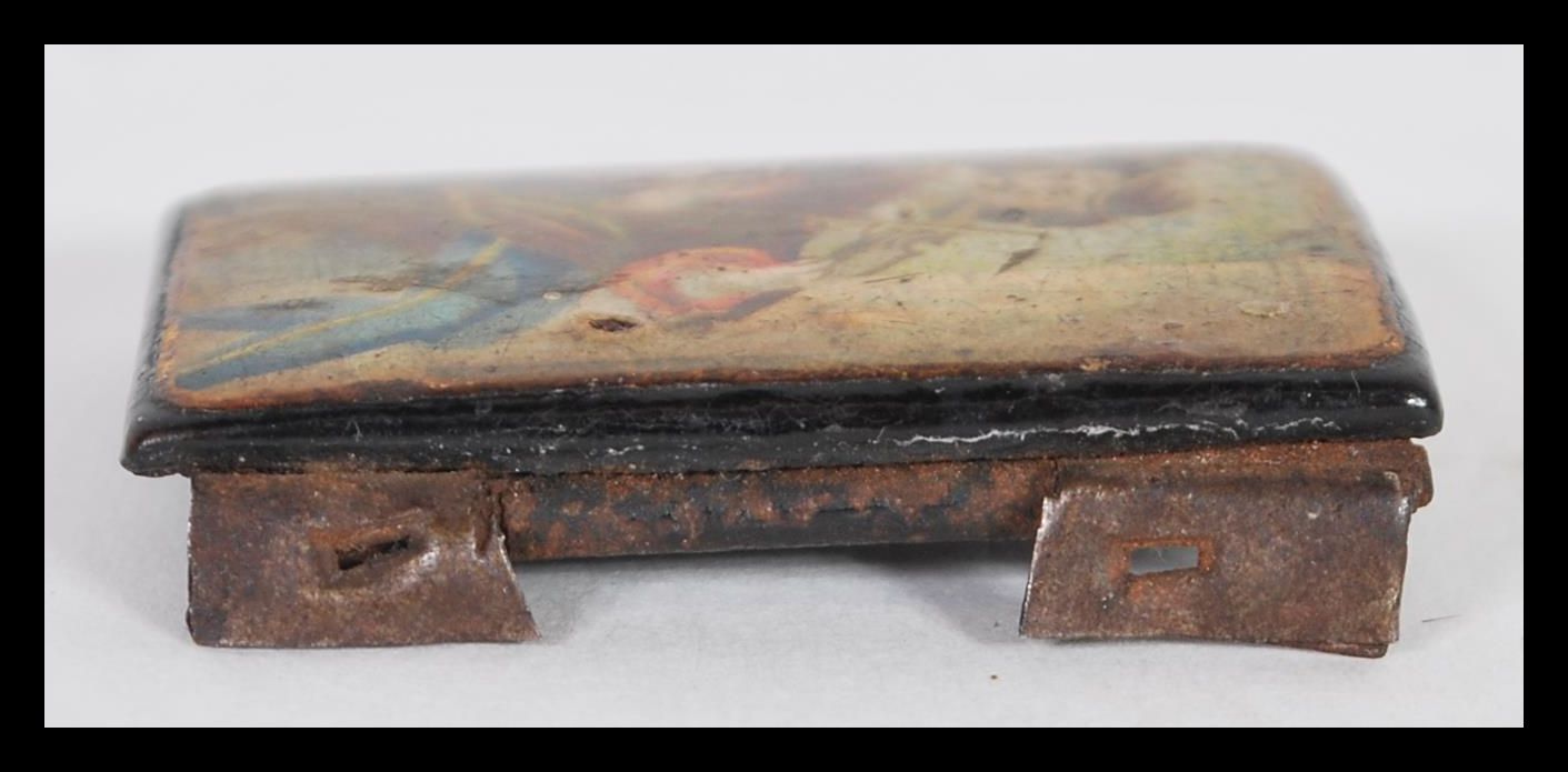 An 18th /19th Century lacquered hand painted top of a snuff box, the lid painted with a musician - Image 4 of 5