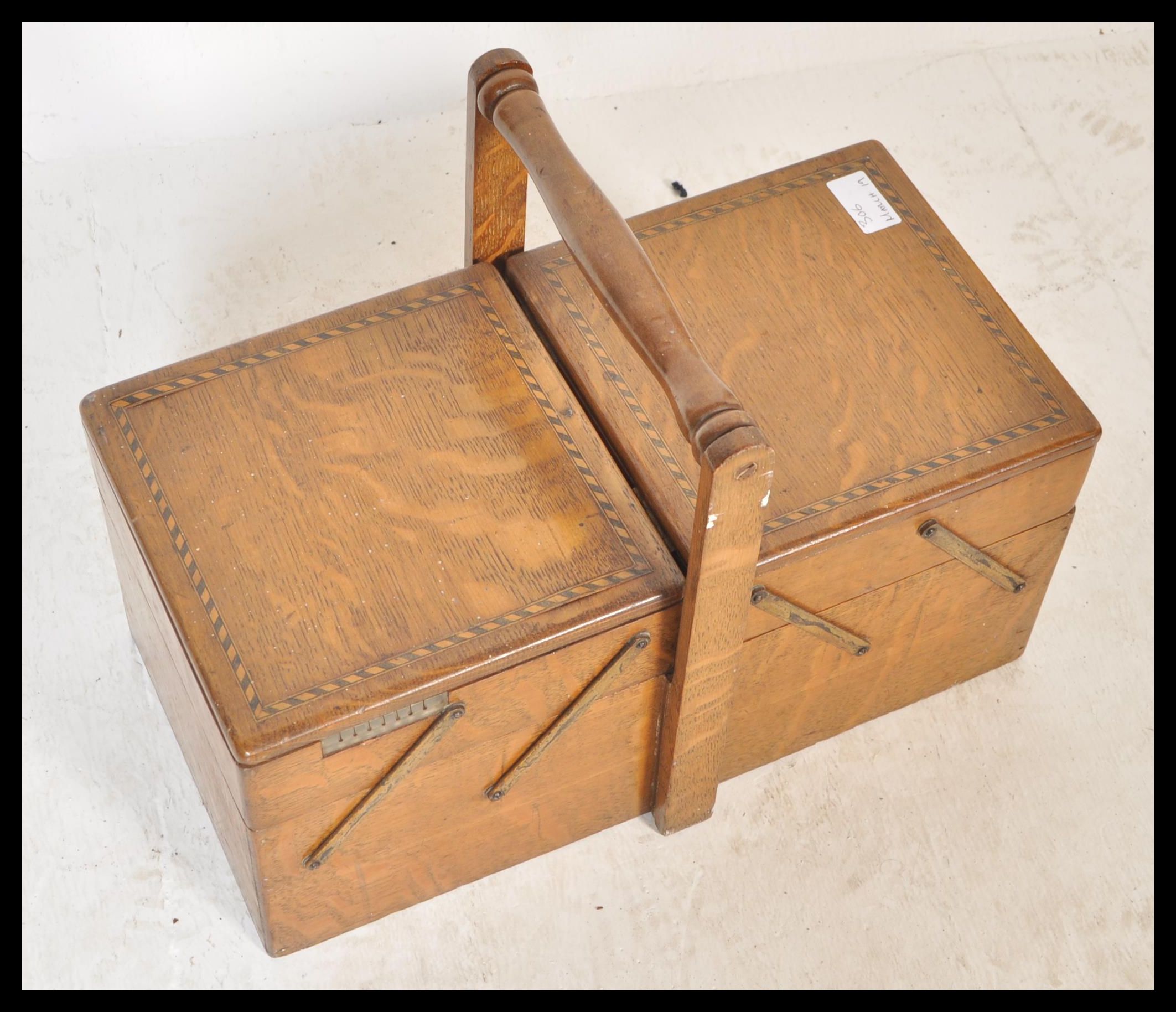 A 20th Century retro concertina sewing work box with metamorphic scissor action, inlaid detailing to - Image 2 of 3