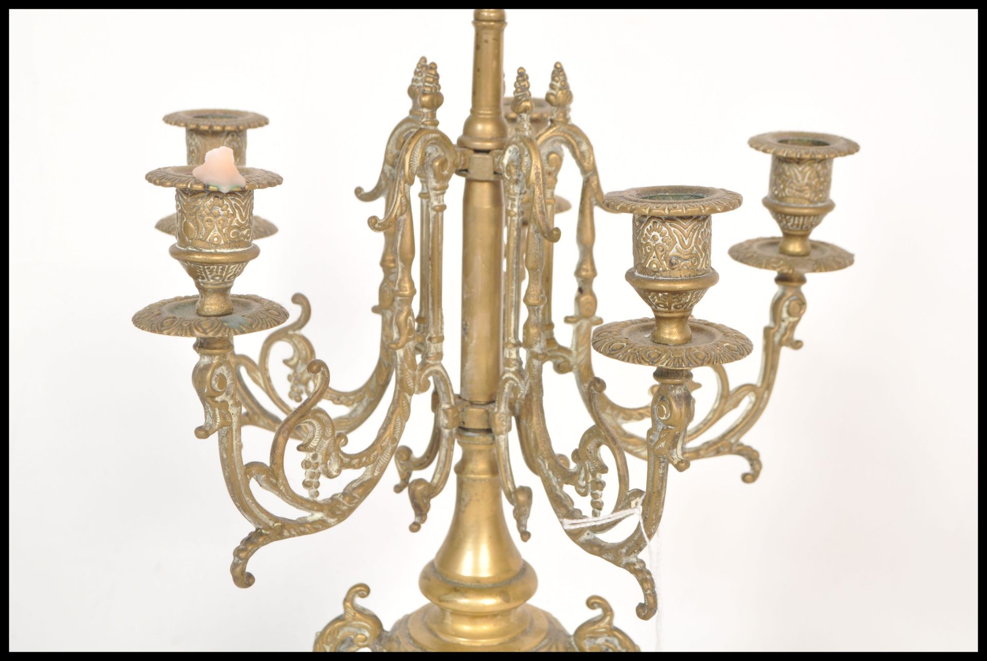 A 19th century, French large rococo revival brass gilt table five point candelabra centrepiece, - Bild 4 aus 6