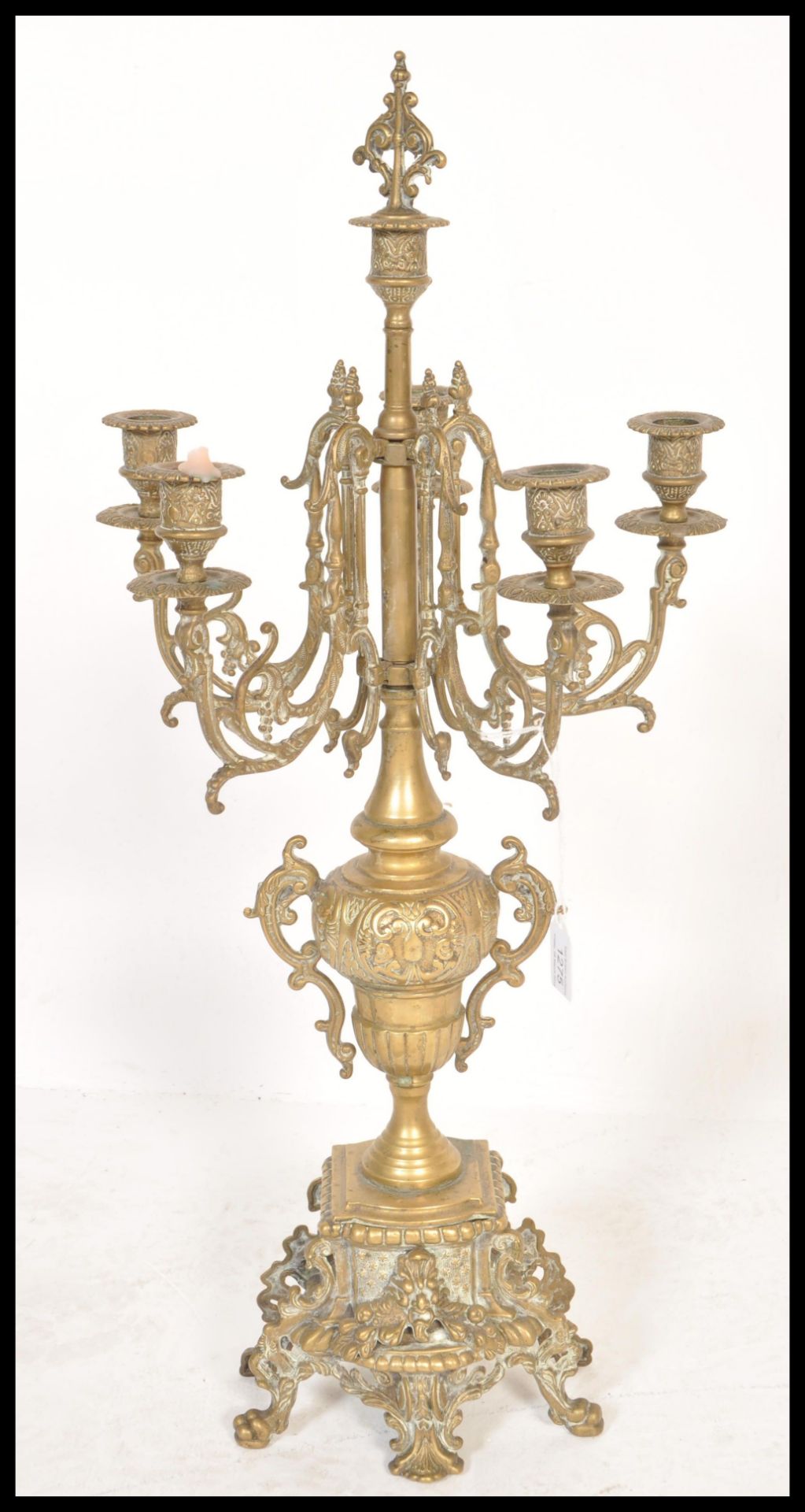 A 19th century, French large rococo revival brass gilt table five point candelabra centrepiece,