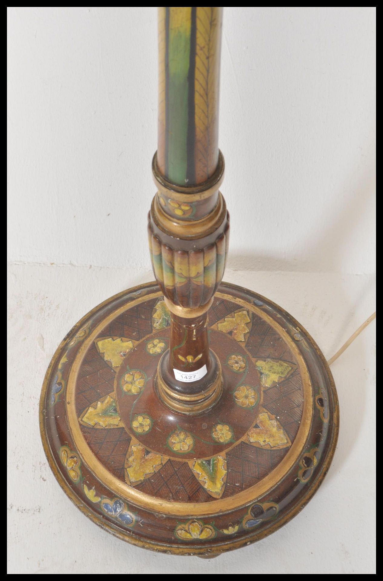 A 19th Century mahogany standard lamp raised on circular base with floral decoration and central - Bild 6 aus 6