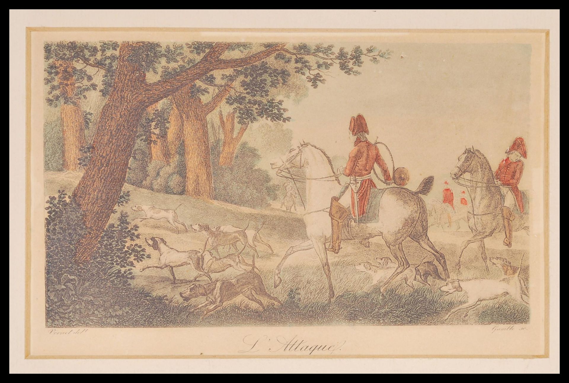 A 20th Century aged print on canvas depicting two native american figures on horse back having