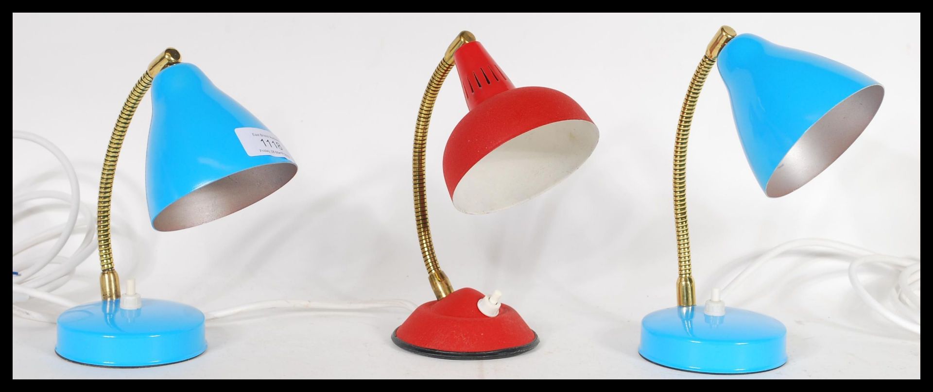 A set of 3 20th century gooseneck / anglepoise desk lamps having bell shades with terraced bases