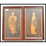 A pair of framed and glazed specimen wood inlaid pictures, the woods to include Rosewood, fruitwood,