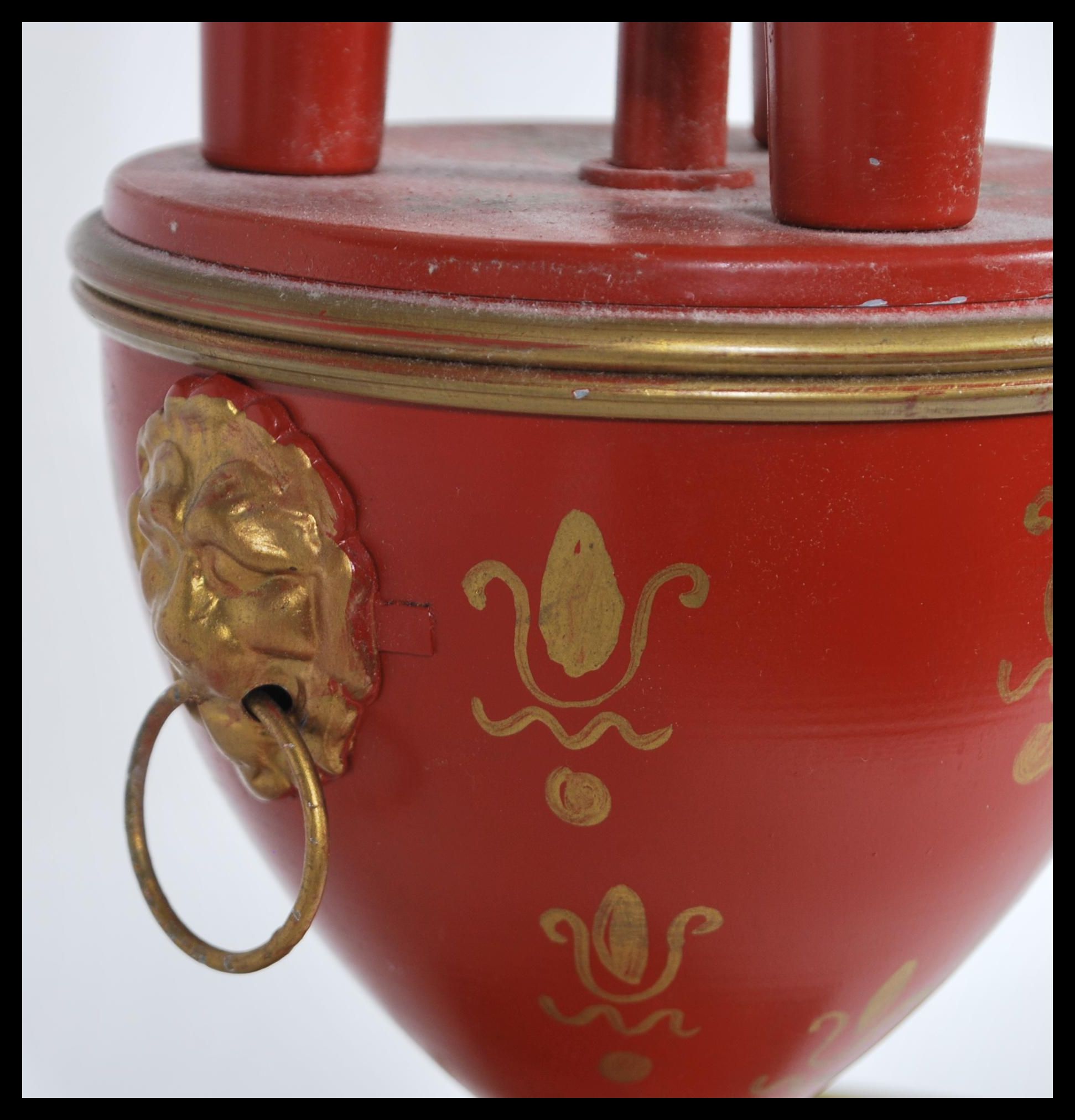 A Louis XVI Bouillotte three light candelabra coaching lamp on a round base with a terracotta - Image 2 of 5