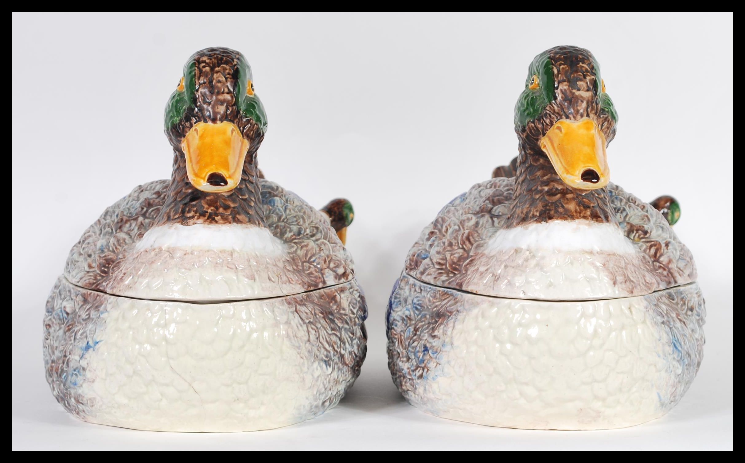 PAIR OF 20TH CENTURY LARGE BORDALLO PINHEIRO MAJOLICA DUCK TUREENS - Image 2 of 5