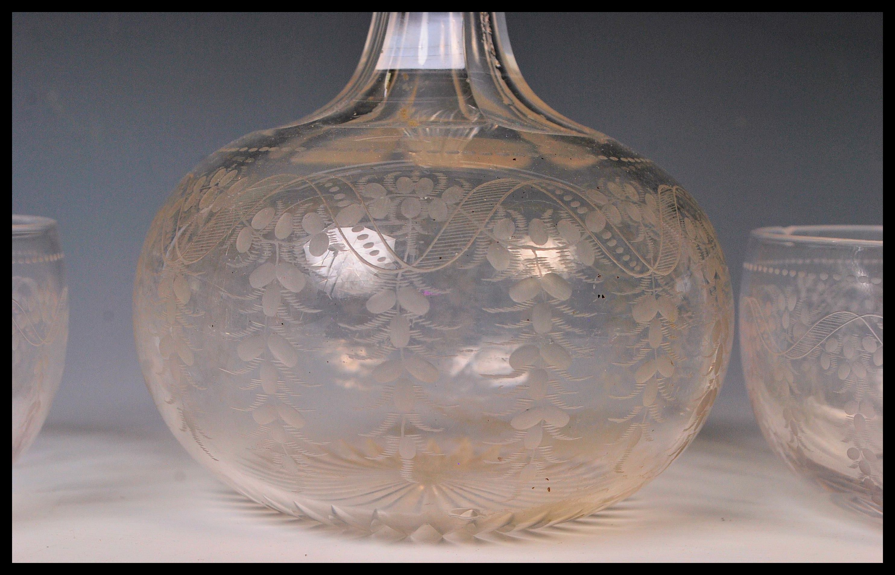 An early 20th Century Edwardian glass decanter and bowl set consisting of tall faceted glass - Image 2 of 5