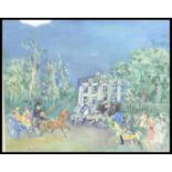 A framed and glazed Jean Dufy colourful print picture depicting horses and carriages in front of a