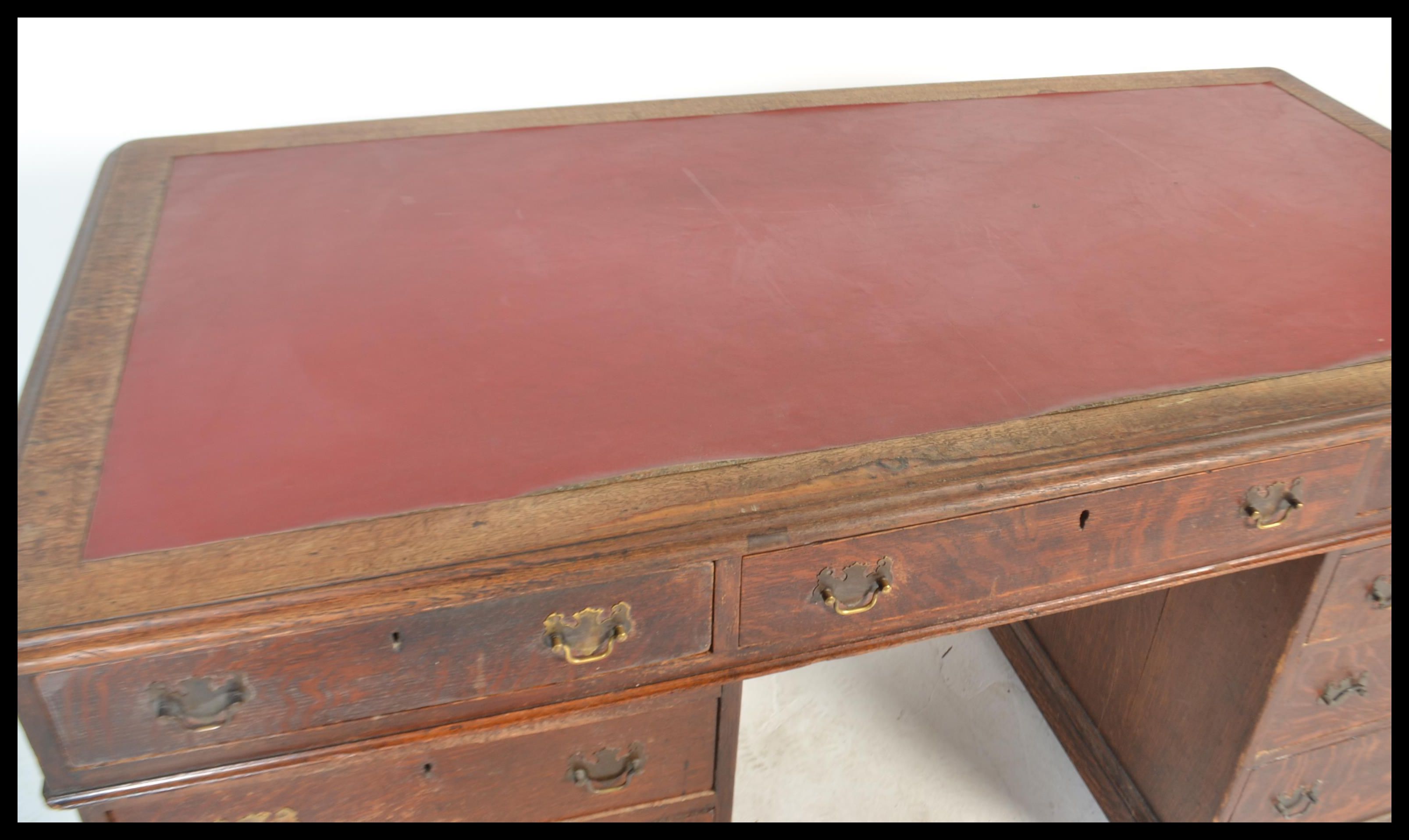 A 19th Century Victorian large oak twin pedestal desk having two banks of drawers having brass - Image 4 of 5