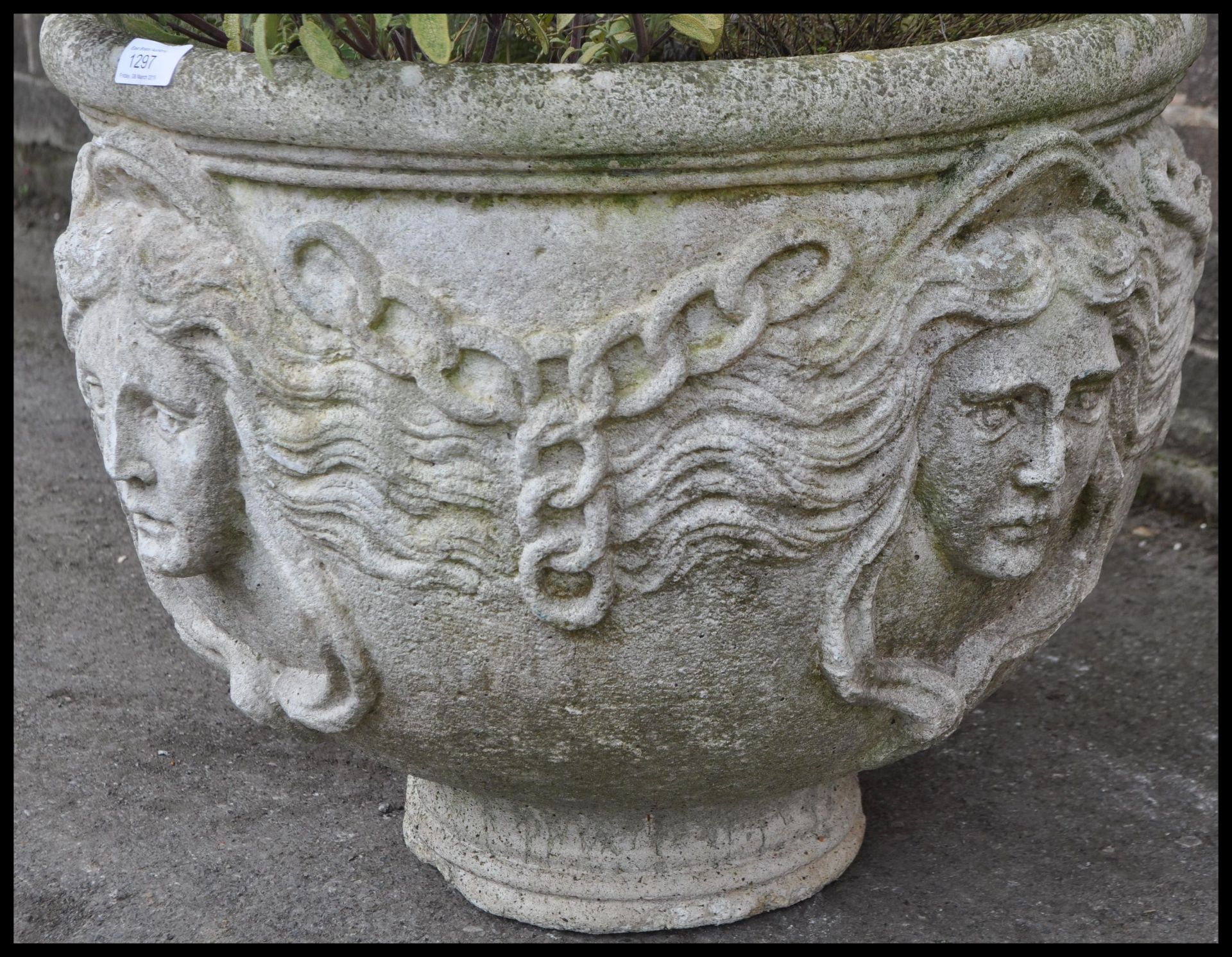 A vintage 20th century antique style reconstituted garden stone, the planter having human face - Bild 3 aus 4