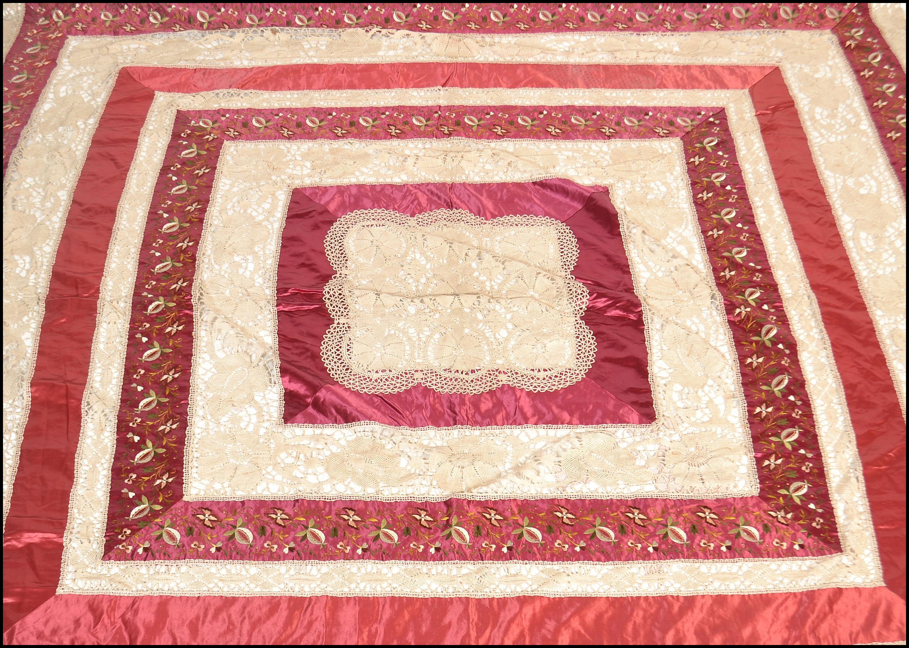 EDWARDIAN SILK AND LACE WORK LARGE BEDSPREAD COVER - Image 2 of 6