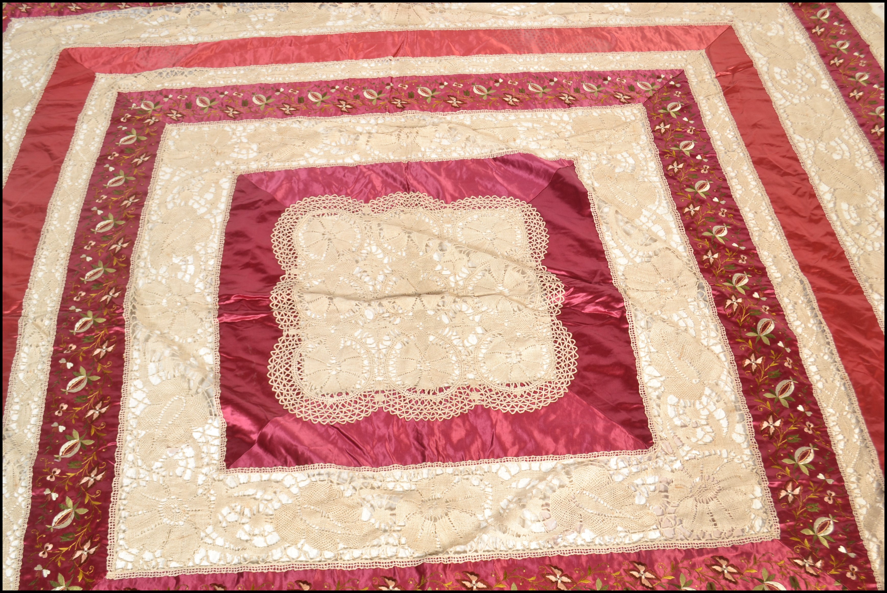 EDWARDIAN SILK AND LACE WORK LARGE BEDSPREAD COVER - Image 5 of 6