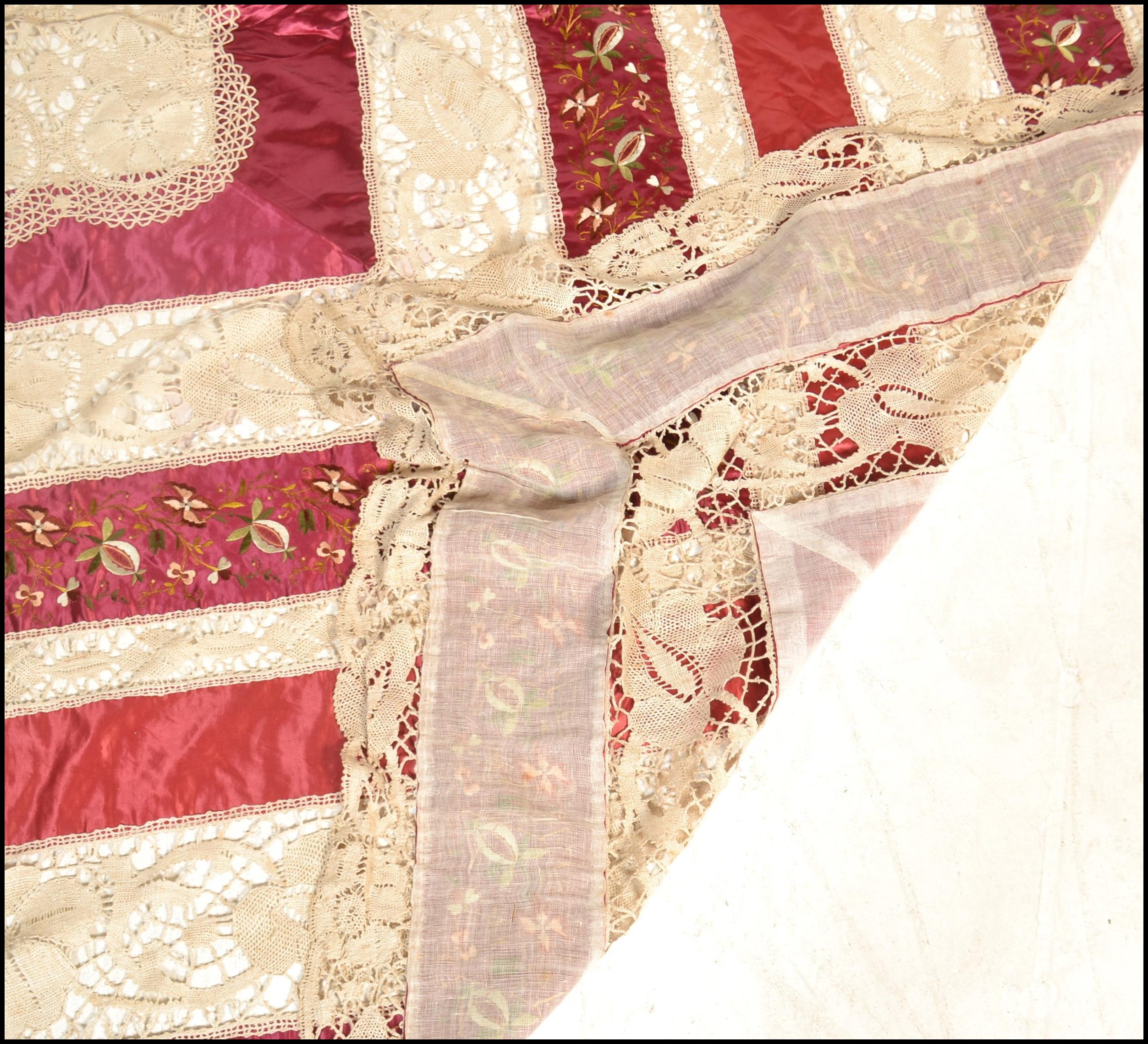 EDWARDIAN SILK AND LACE WORK LARGE BEDSPREAD COVER - Image 6 of 6