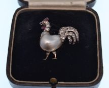 EARLY 20TH CENTURY RUBY DIAMOND AND PEARL COCKEREL
