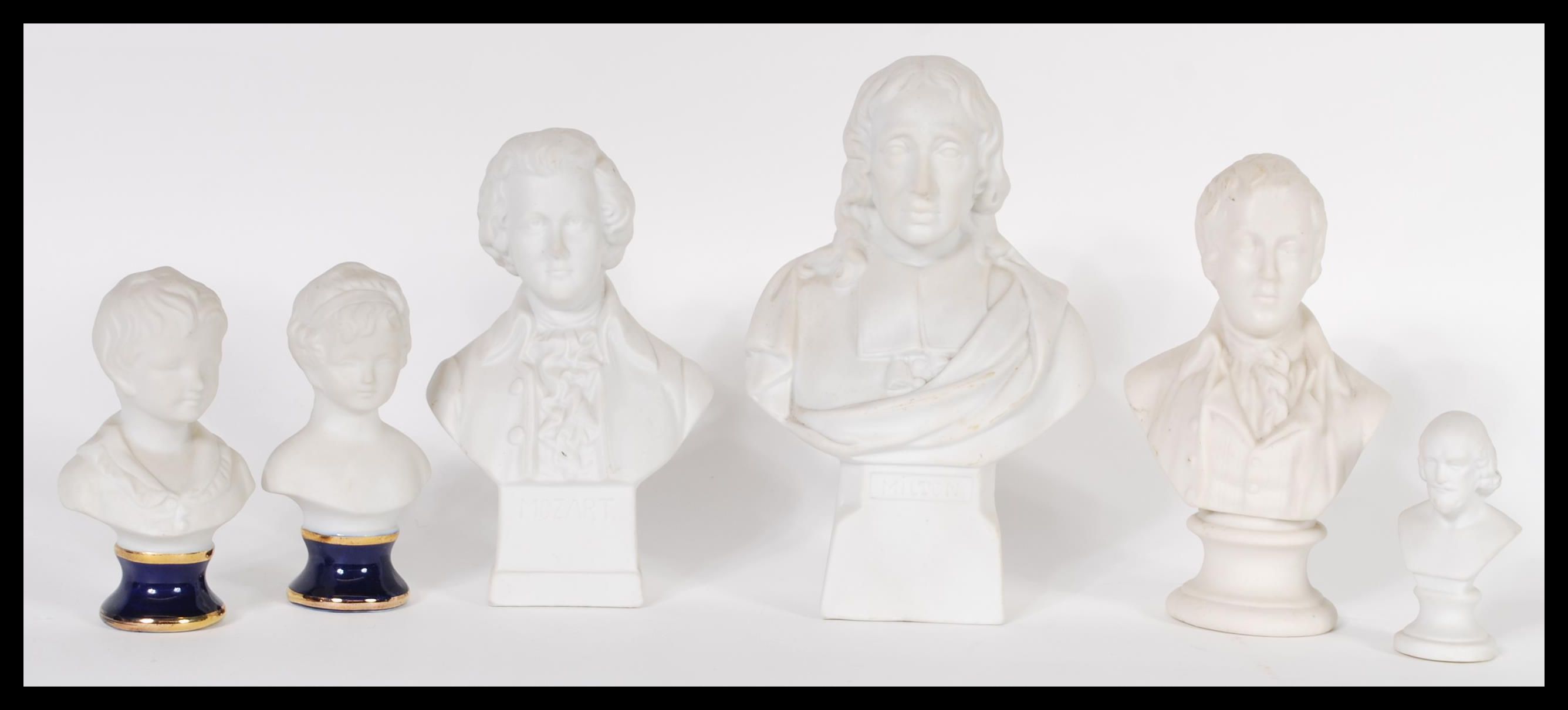 A set of six biscuit porcelain parian ware bisque ceramic busts dating from the 19th Century to