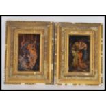 A pair of 18th Century oil on wood board paintings depicting courting couples set within original
