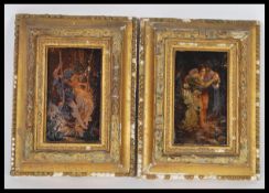 A pair of 18th Century oil on wood board paintings depicting courting couples set within original