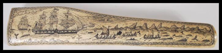 A 20th Century resin scrimshaw whale bone replica engraved with a whale hunting scene to the
