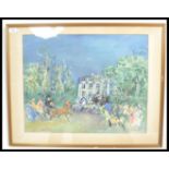 A framed and glazed Jean Dufy colourful print picture depicting horses and carriages in front of a