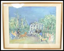 A framed and glazed Jean Dufy colourful print picture depicting horses and carriages in front of a
