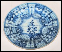 An 18th century Qing Dynasty blue and white glazed Chinese plate having a central starburst panel