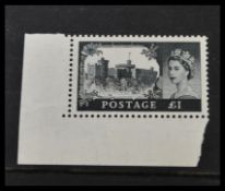 Great Britain stamp. 1958 QEII £1 Castle High Value. 1st De La Rue printing. Corner example. The key
