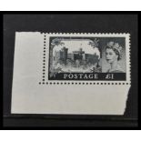 Great Britain stamp. 1958 QEII £1 Castle High Value. 1st De La Rue printing. Corner example. The key