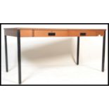 A retro 20th Century teak wood office desk, produced by ` Abbess `, two frieze drawers with fitted