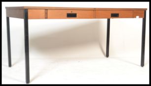 A retro 20th Century teak wood office desk, produced by ` Abbess `, two frieze drawers with fitted