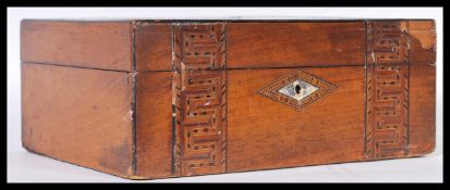 A 19th Century Victorian Tunbridge ware wooden sewing box having banded wooden inlay and mother of