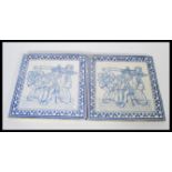 A pair of 19th Century Victorian blue and white transfer printed floor tiles by E Smith depicting