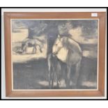 A 20th Century framed and glazed charcoal on paper drawing of the ponies of the New Forest , set