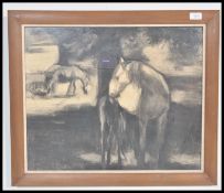 A 20th Century framed and glazed charcoal on paper drawing of the ponies of the New Forest , set