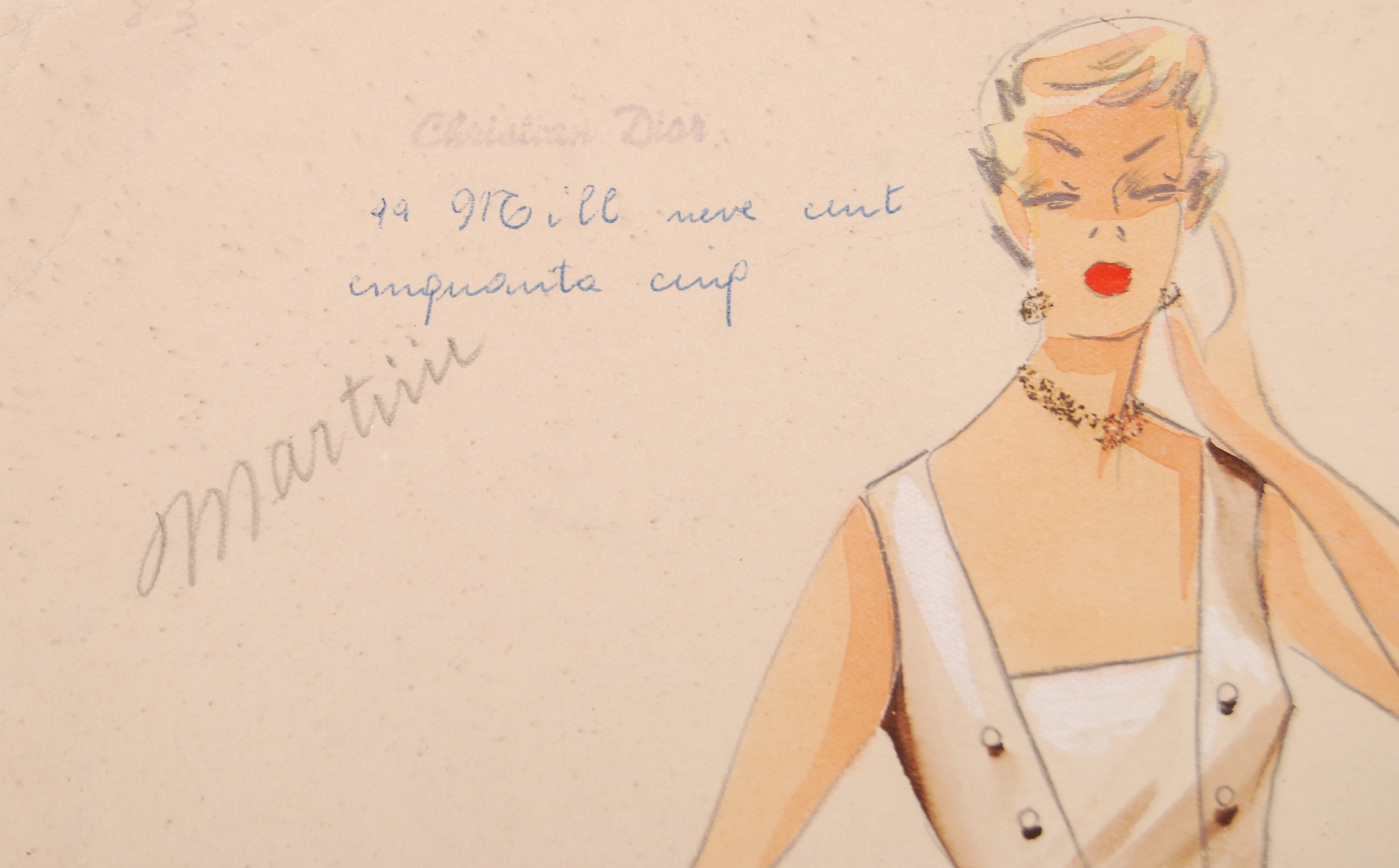 CHRISTIAN DIOR MID 20TH CENTURY FASHION DESIGN PENCIL & INK SKETCH - Image 3 of 3