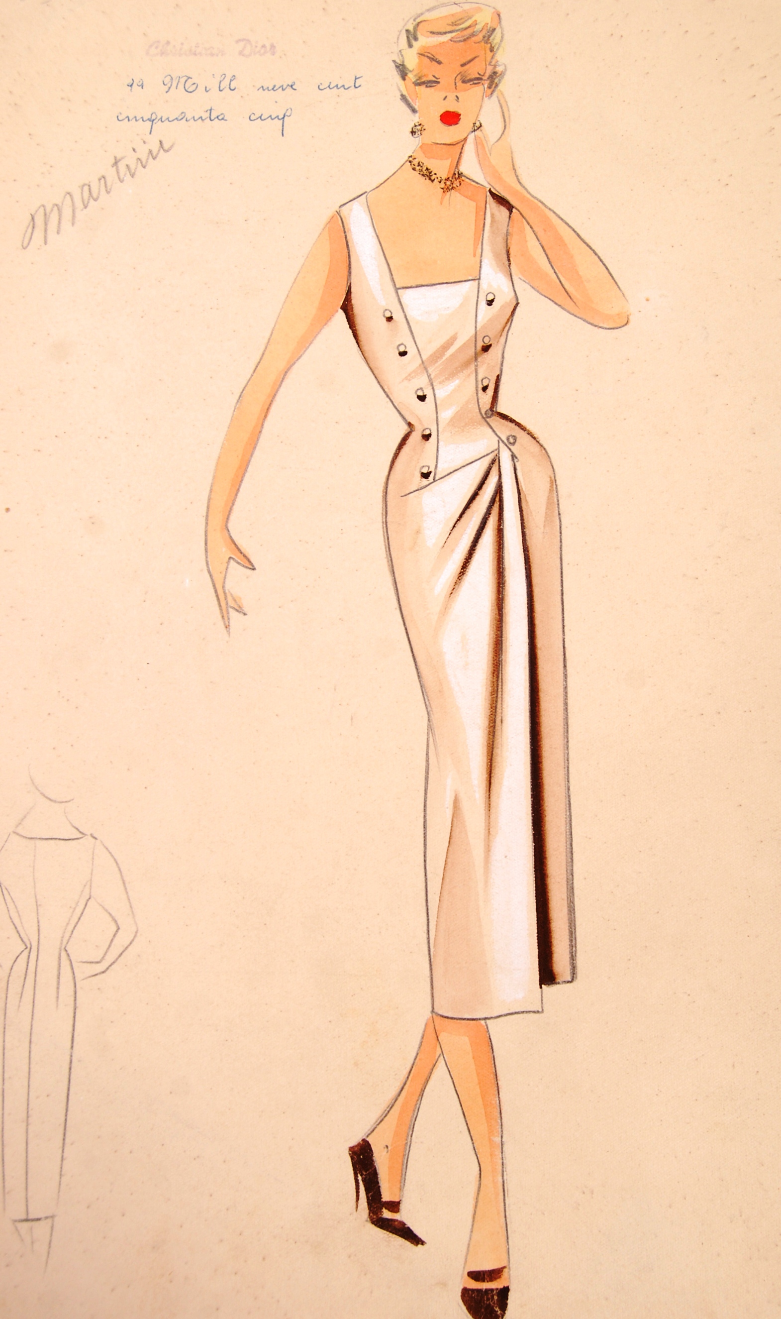 CHRISTIAN DIOR MID 20TH CENTURY FASHION DESIGN PENCIL & INK SKETCH - Image 2 of 3